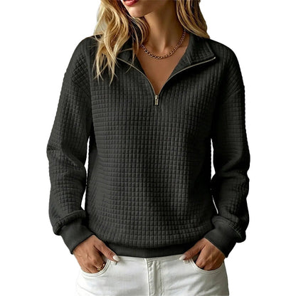 ✨👚Camisola feminina acolchoada com padrão quadriculado e fecho de correr parcial