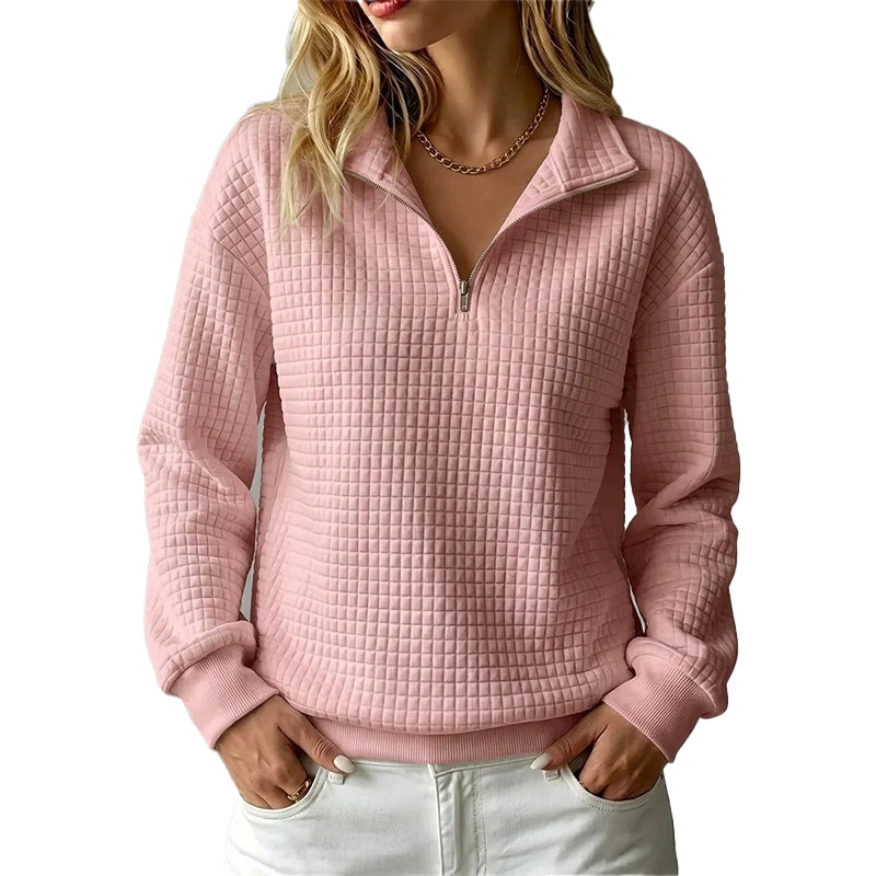 ✨👚Camisola feminina acolchoada com padrão quadriculado e fecho de correr parcial