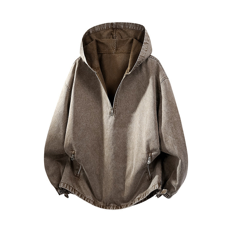 Blusa com capuz masculina vintage lavada com meio zíper