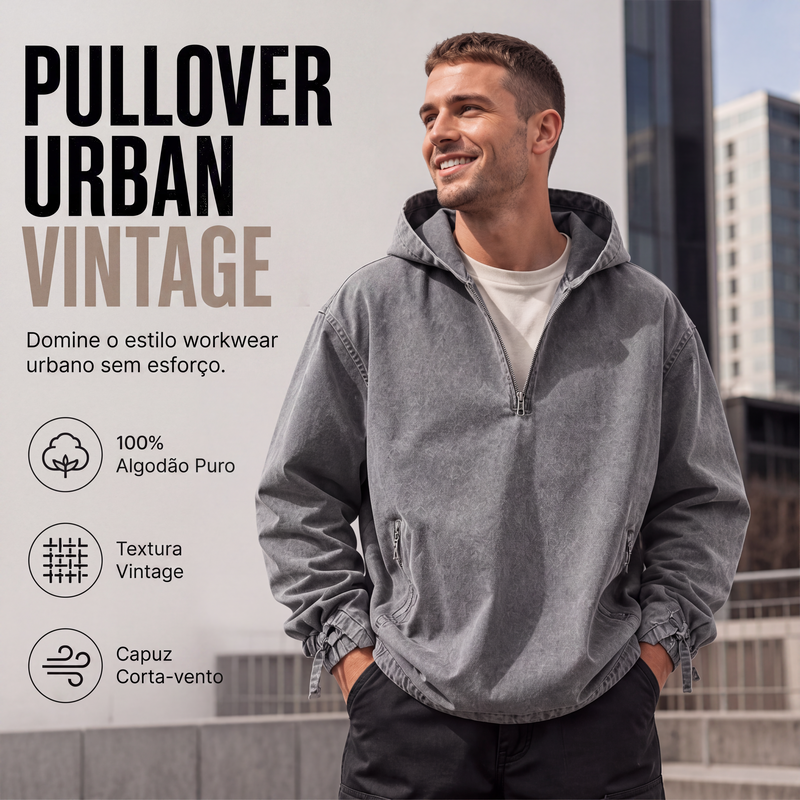 Blusa com capuz masculina vintage lavada com meio zíper