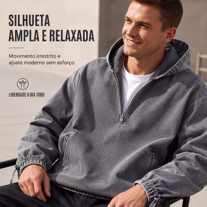 Blusa com capuz masculina vintage lavada com meio zíper