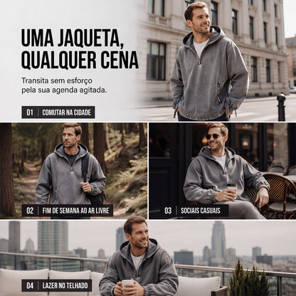 Blusa com capuz masculina vintage lavada com meio zíper