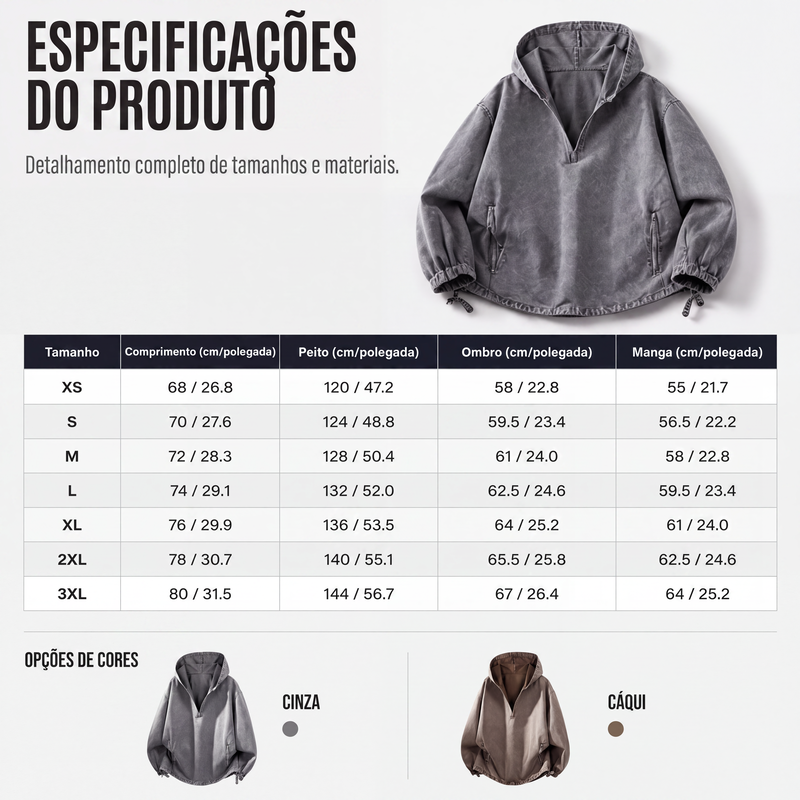 Blusa com capuz masculina vintage lavada com meio zíper