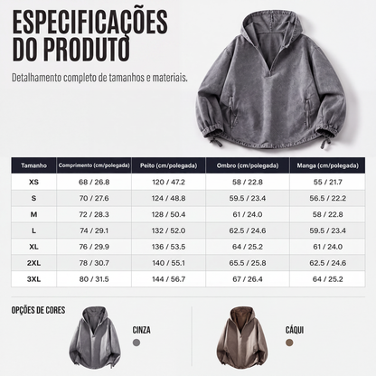 Blusa com capuz masculina vintage lavada com meio zíper