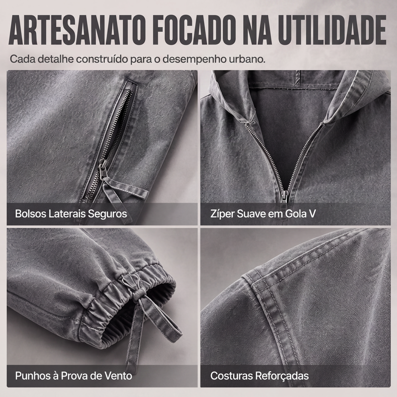 Blusa com capuz masculina vintage lavada com meio zíper