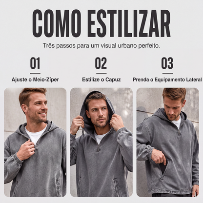 Blusa com capuz masculina vintage lavada com meio zíper