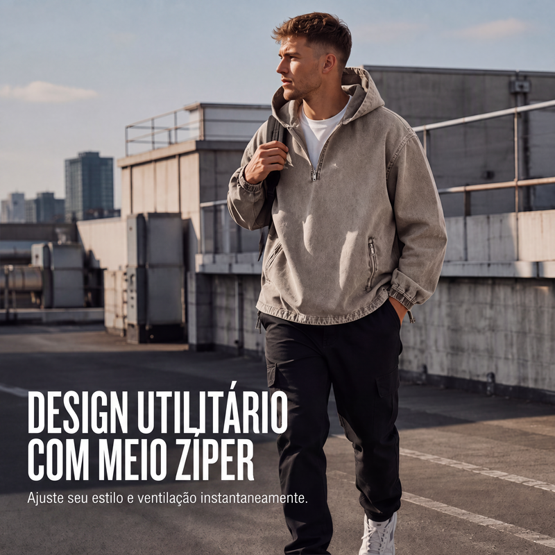Blusa com capuz masculina vintage lavada com meio zíper