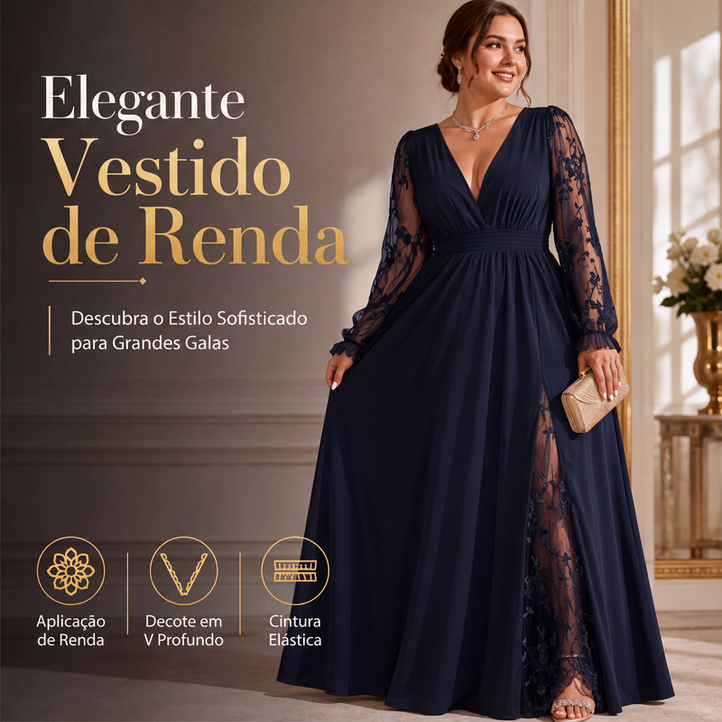 ✨👗Vestido longo feminino elegante com gola em V e patchwork de renda