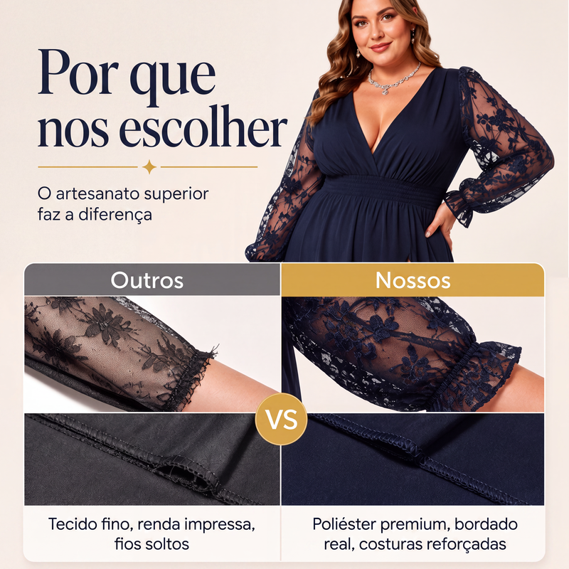 ✨👗Vestido longo feminino elegante com gola em V e patchwork de renda