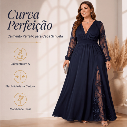 ✨👗Vestido longo feminino elegante com gola em V e patchwork de renda