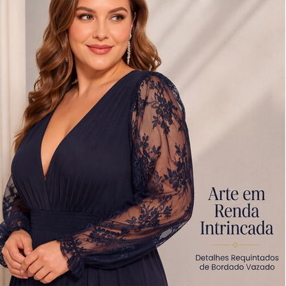 ✨👗Vestido longo feminino elegante com gola em V e patchwork de renda