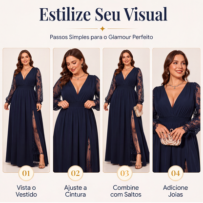 ✨👗Vestido longo feminino elegante com gola em V e patchwork de renda