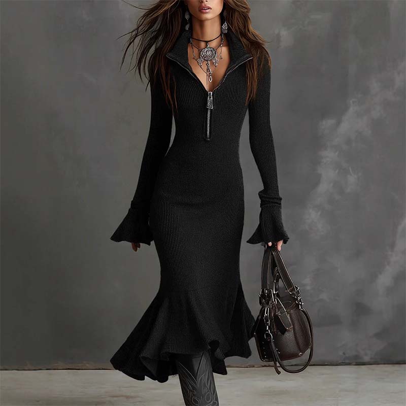 ✨👗Vestido feminino de malha com lapela, fecho de correr, mangas largas e corte em cauda de peixe