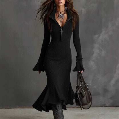 ✨👗Vestido feminino de malha com lapela, fecho de correr, mangas largas e corte em cauda de peixe