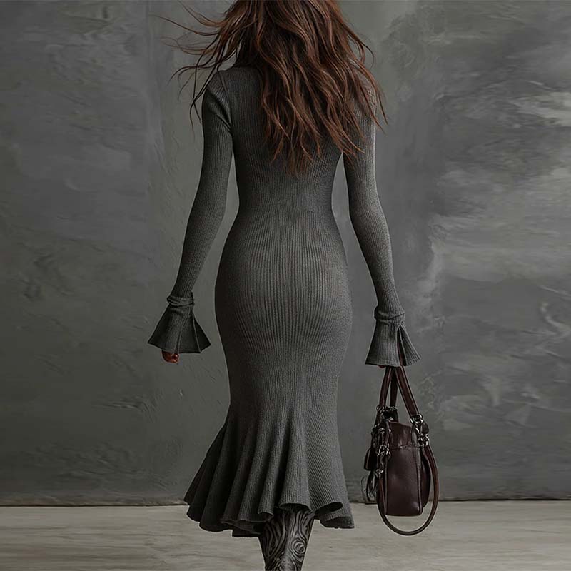✨👗Vestido feminino de malha com lapela, fecho de correr, mangas largas e corte em cauda de peixe