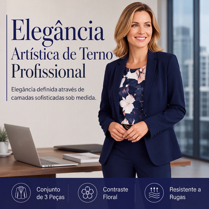 Conjunto feminino de 3 peças: blazer, blusa e calça