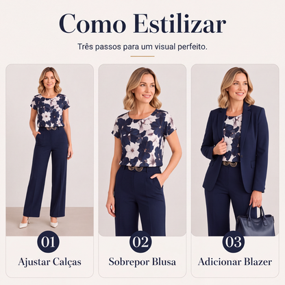 Conjunto feminino de 3 peças: blazer, blusa e calça