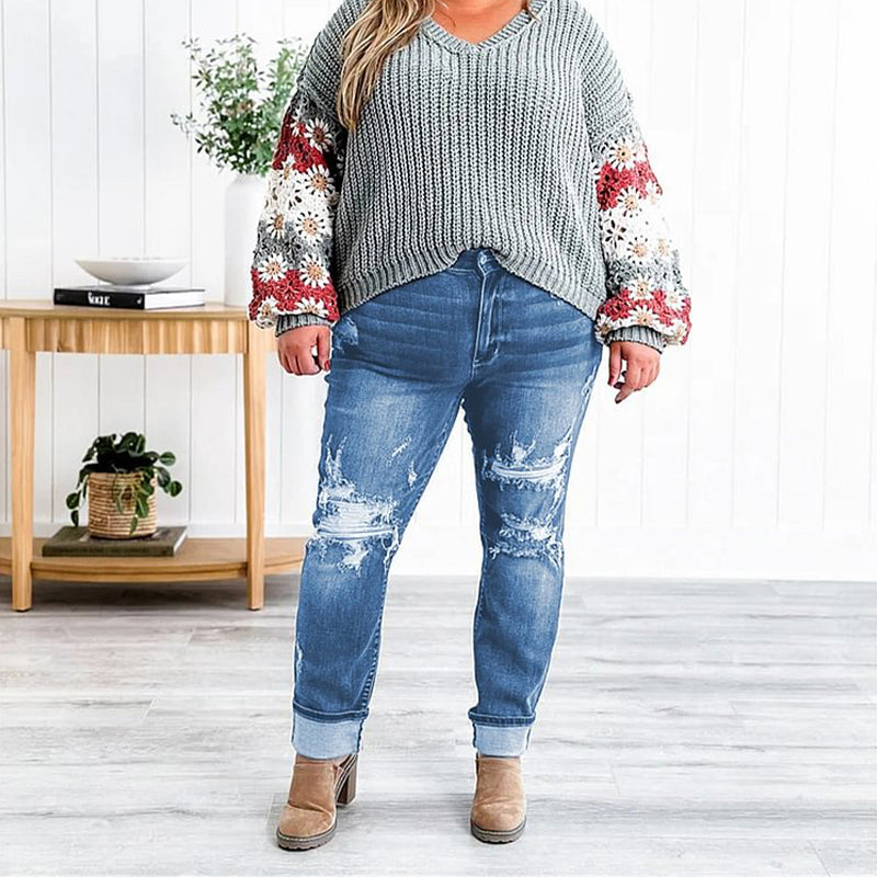 Calças de ganga estilo «boyfriend» com bainha desfiada e efeito desgastado para mulher, com efeito modelador na zona da barriga