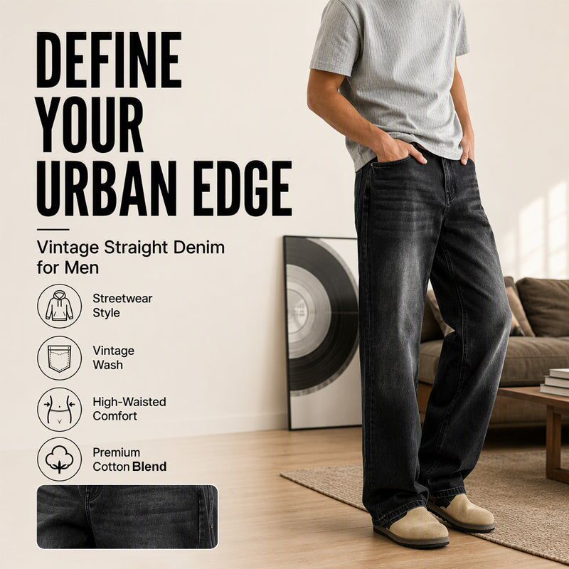 Calças de ganga vintage para homem, com efeito lavado e pernas curvas