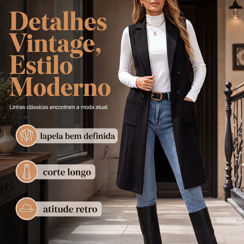 ✨Casaco Longo Feminino Chique Sem Mangas com Abertura Frontal