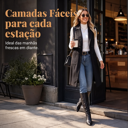✨Casaco Longo Feminino Chique Sem Mangas com Abertura Frontal