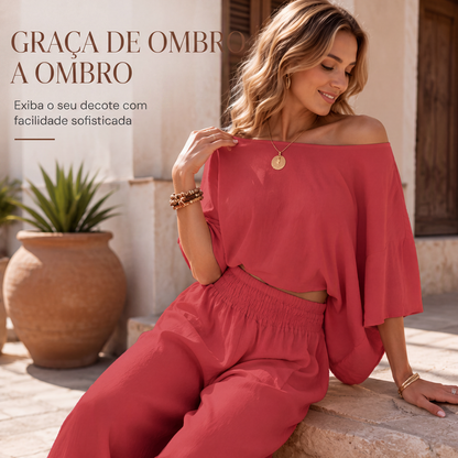 ✨👗Conjunto feminino de blusa ombro a ombro e calça pantalona