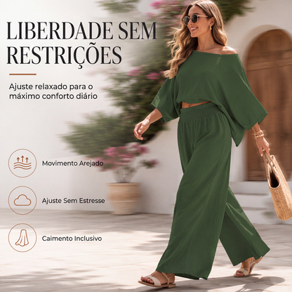 ✨👗Conjunto feminino de blusa ombro a ombro e calça pantalona