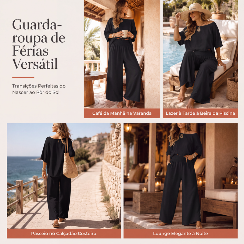 ✨👗Conjunto feminino de blusa ombro a ombro e calça pantalona