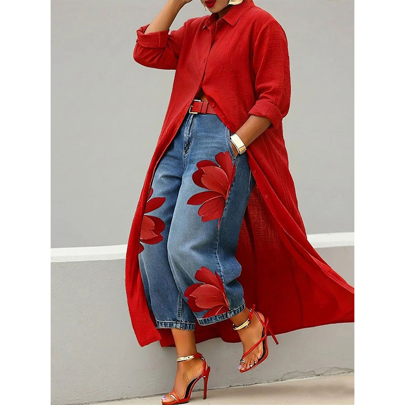 ✨👗Vestido-camisa maxi de manga comprida com botões para mulher