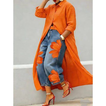 ✨👗Vestido-camisa maxi de manga comprida com botões para mulher