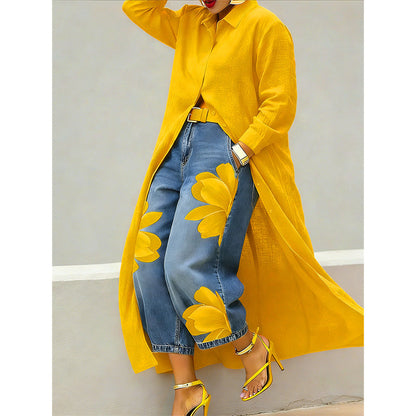 ✨👗Vestido-camisa maxi de manga comprida com botões para mulher