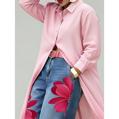 ✨👗Vestido-camisa maxi de manga comprida com botões para mulher