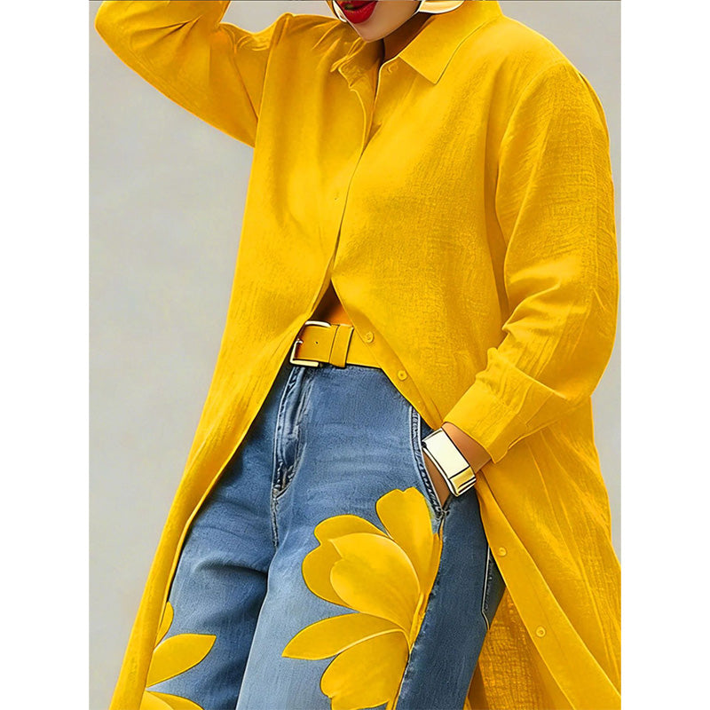 ✨👗Vestido-camisa maxi de manga comprida com botões para mulher