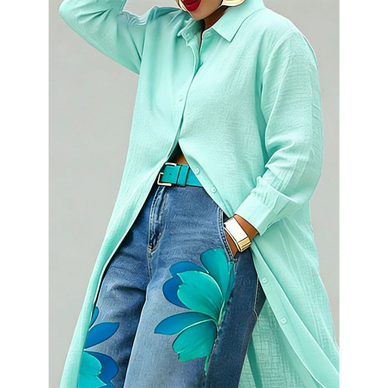 ✨👗Vestido-camisa maxi de manga comprida com botões para mulher