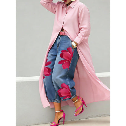 ✨👗Vestido-camisa maxi de manga comprida com botões para mulher