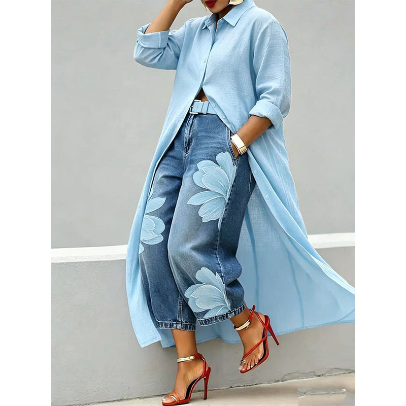 ✨👗Vestido-camisa maxi de manga comprida com botões para mulher