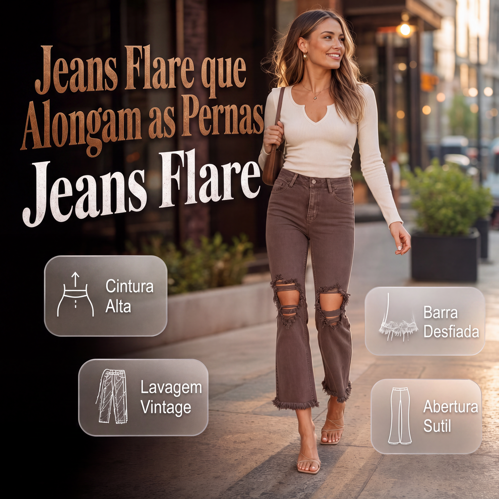✨Calças jeans flare com efeito de alongamento das pernas