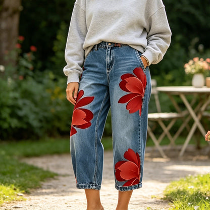 👖 DESCONTO DE 50% POR TEMPO LIMITADO! ✨ Calças de ganga femininas com padrão floral e perna larga – apliques exclusivos, macias, 6 cores 🌸