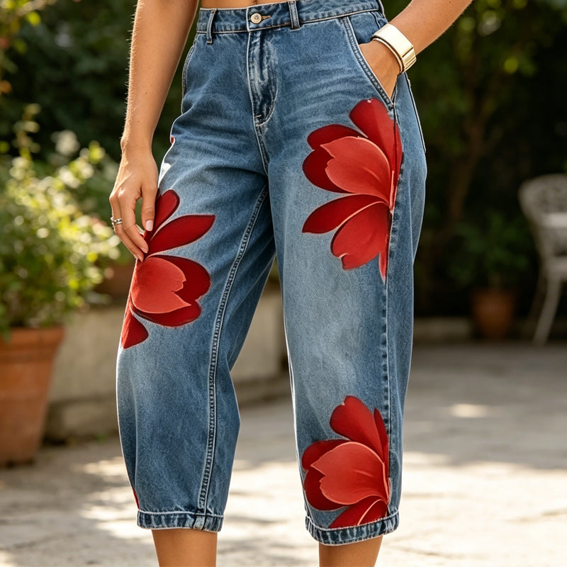👖 DESCONTO DE 50% POR TEMPO LIMITADO! ✨ Calças de ganga femininas com padrão floral e perna larga – apliques exclusivos, macias, 6 cores 🌸