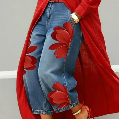 👖 DESCONTO DE 50% POR TEMPO LIMITADO! ✨ Calças de ganga femininas com padrão floral e perna larga – apliques exclusivos, macias, 6 cores 🌸
