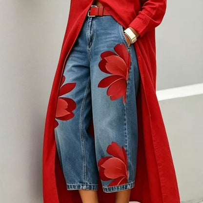 👖 DESCONTO DE 50% POR TEMPO LIMITADO! ✨ Calças de ganga femininas com padrão floral e perna larga – apliques exclusivos, macias, 6 cores 🌸