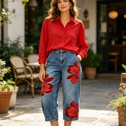 👖 DESCONTO DE 50% POR TEMPO LIMITADO! ✨ Calças de ganga femininas com padrão floral e perna larga – apliques exclusivos, macias, 6 cores 🌸