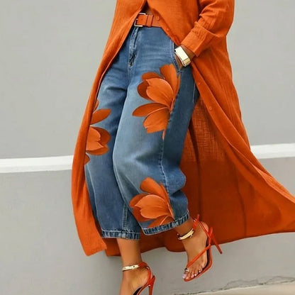 👖 DESCONTO DE 50% POR TEMPO LIMITADO! ✨ Calças de ganga femininas com padrão floral e perna larga – apliques exclusivos, macias, 6 cores 🌸