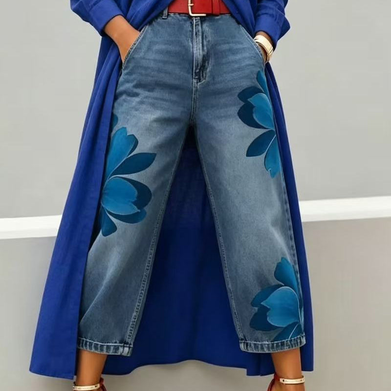 👖 DESCONTO DE 50% POR TEMPO LIMITADO! ✨ Calças de ganga femininas com padrão floral e perna larga – apliques exclusivos, macias, 6 cores 🌸