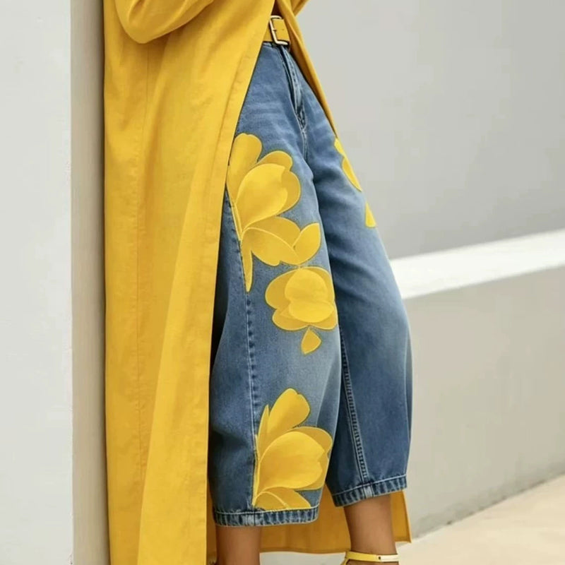 👖 DESCONTO DE 50% POR TEMPO LIMITADO! ✨ Calças de ganga femininas com padrão floral e perna larga – apliques exclusivos, macias, 6 cores 🌸