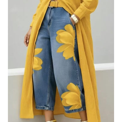 👖 DESCONTO DE 50% POR TEMPO LIMITADO! ✨ Calças de ganga femininas com padrão floral e perna larga – apliques exclusivos, macias, 6 cores 🌸