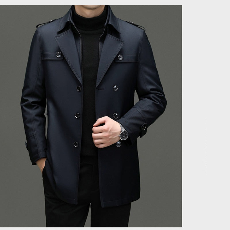 Trench coat masculino de comprimento médio com forro interno destacável