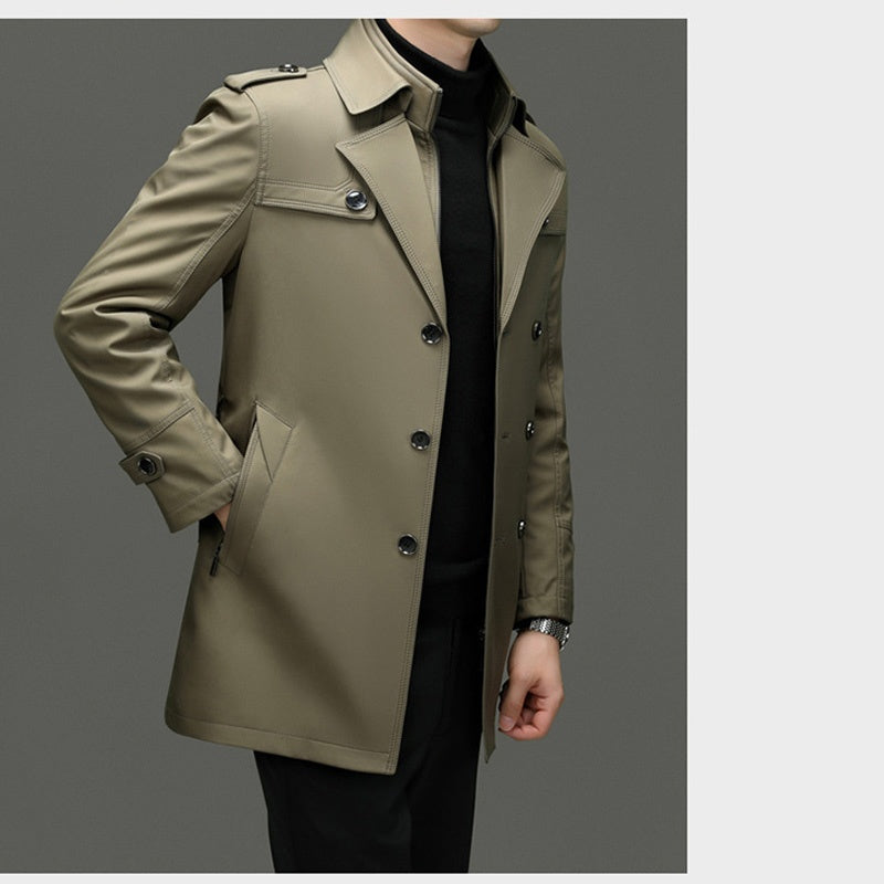 Trench coat masculino de comprimento médio com forro interno destacável