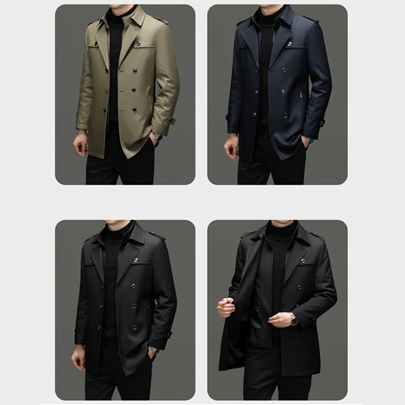 Trench coat masculino de comprimento médio com forro interno destacável
