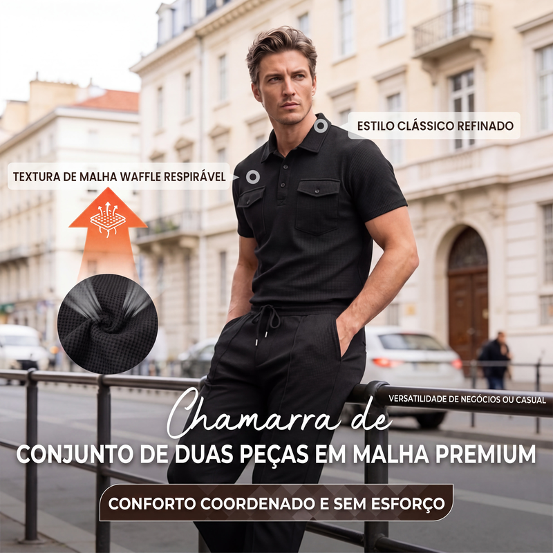 Conjunto masculino de blusa de manga curta e calças em tecido waffle